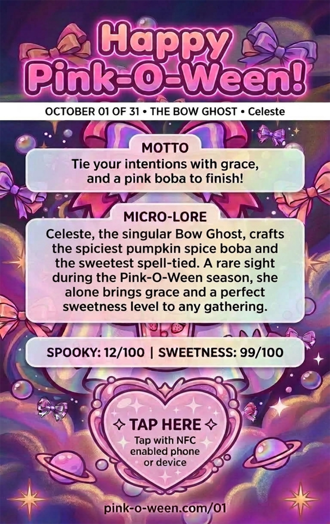 Tap Greeting Card NFC Video Pinkoween Celeste, The Bow Ghost Back Specifications