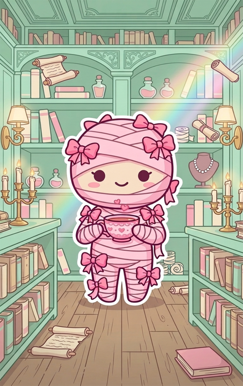 Tap Greeting Card NFC Video Pinkoween Aveline, The Linen Mummy Front Artwork