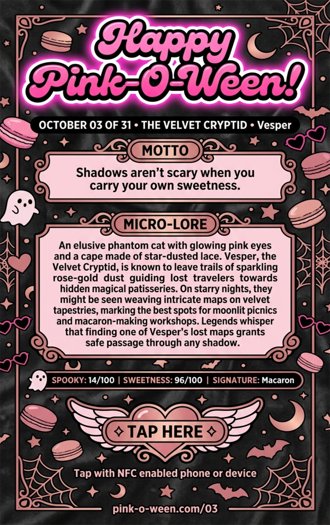 Tap Greeting Card NFC Video Pinkoween Vesper, The Velvet Cryptid (OCTOBER 03 OF 31) Back Specs