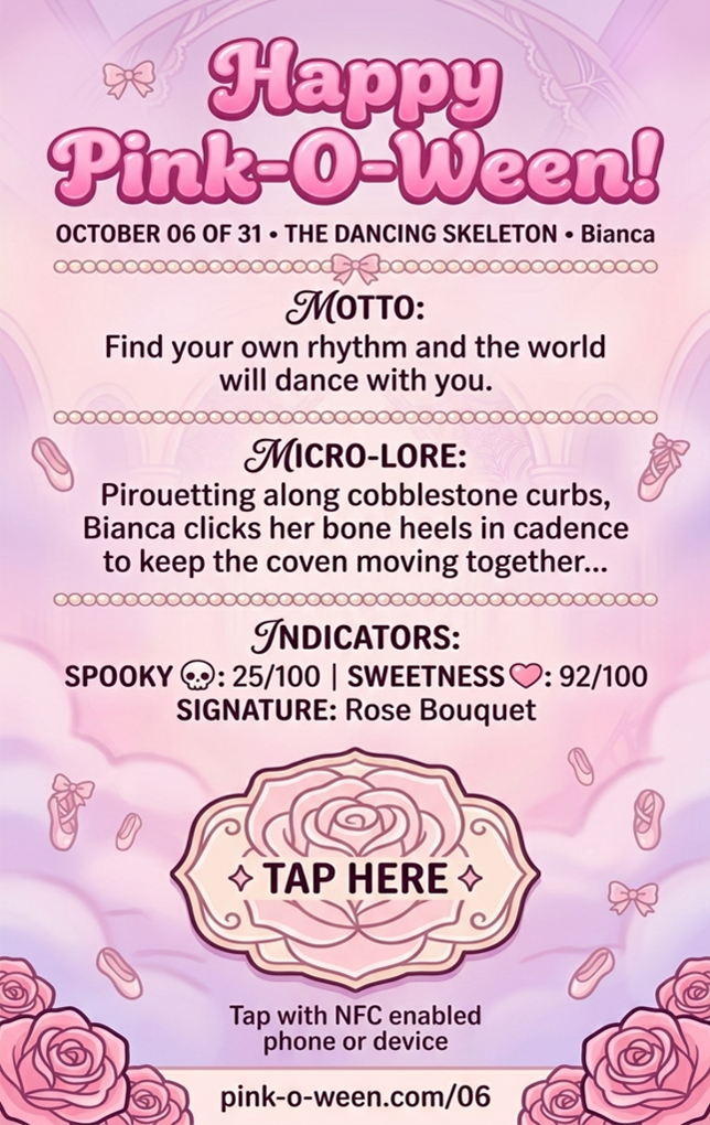 Tap Greeting Card NFC Video Pinkoween Bianca, The Dancing Skeleton Back Specifications