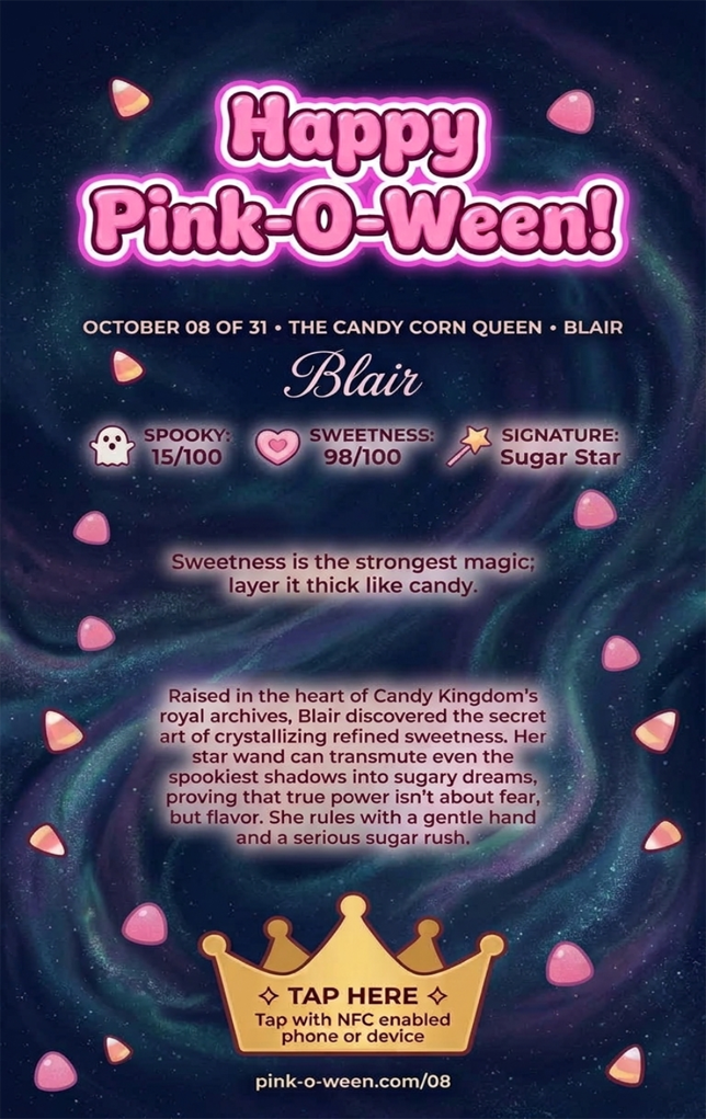 Tap Greeting Card NFC Video Pinkoween Blair, The Candy Corn Queen Back Specifications
