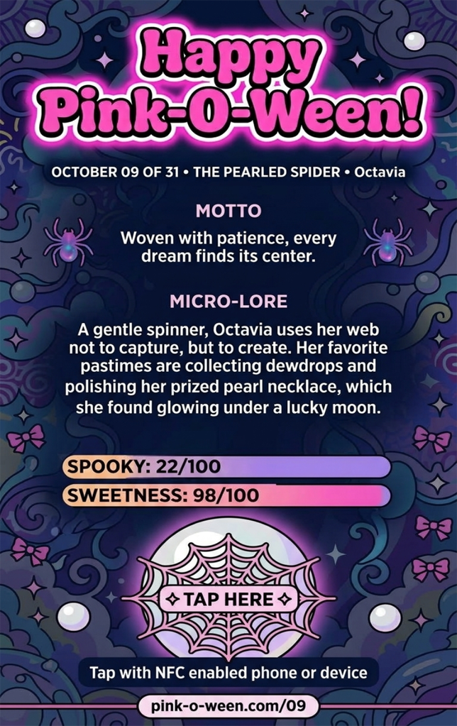 Tap Greeting Card NFC Video Pinkoween Octavia, The Pearled Spider (OCTOBER 09 OF 31) Back Specs