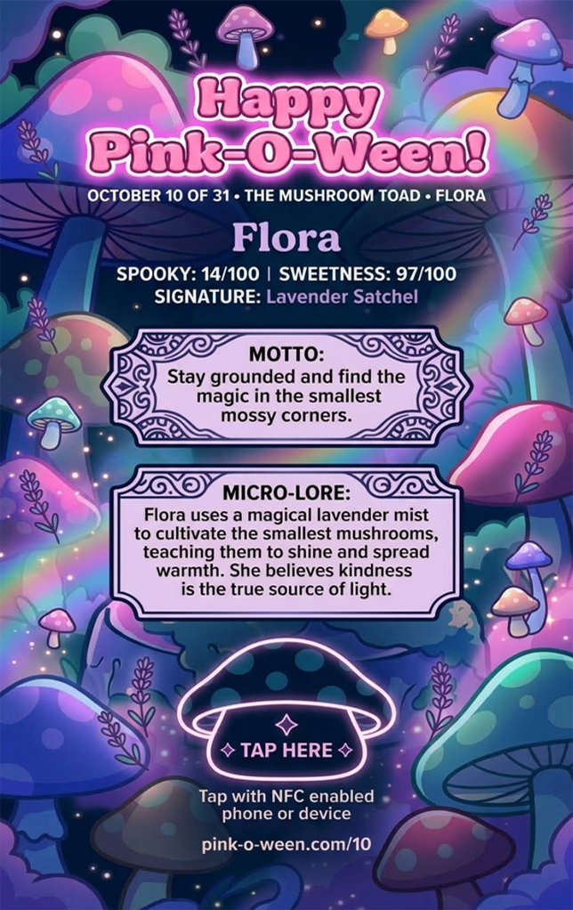 Tap Greeting Card NFC Video Pinkoween Flora, The Mushroom Toad (OCTOBER 10 OF 31) Back Specs