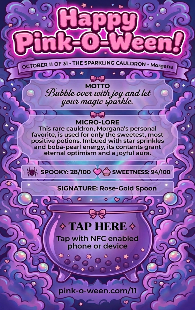 Tap Greeting Card NFC Video Pinkoween Morgana, The Sparkling Cauldron (OCTOBER 11 OF 31) Back Specs