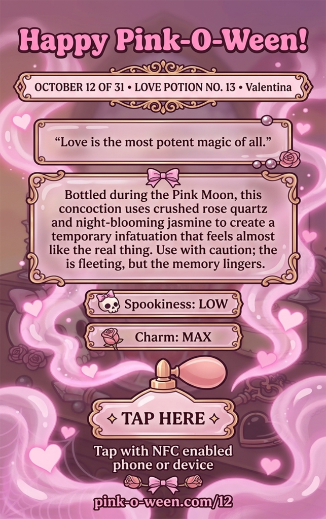 Tap Greeting Card NFC Video Pinkoween Valentina, Love Potion No. 13 (OCTOBER 12 OF 31) Back Specs