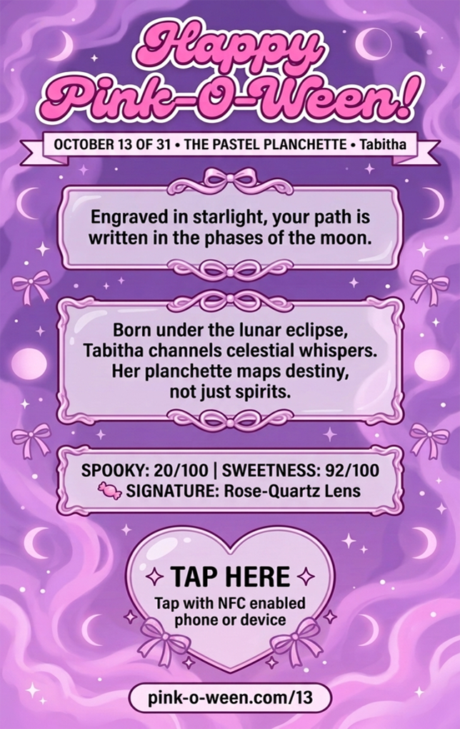 Tap Greeting Card NFC Video Pinkoween Tabitha, The Pastel Planchette (OCTOBER 13 OF 31) Back Specs