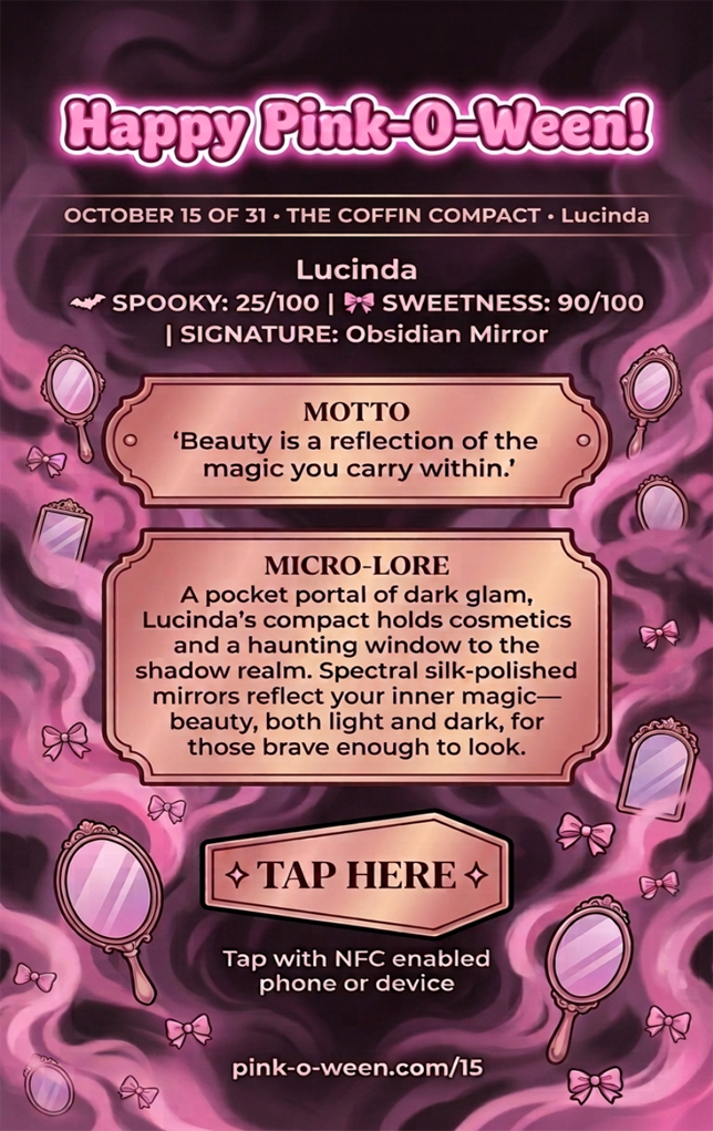 Tap Greeting Card NFC Video Pinkoween Lucinda, The Coffin Compact (OCTOBER 15 OF 31) Back Specs