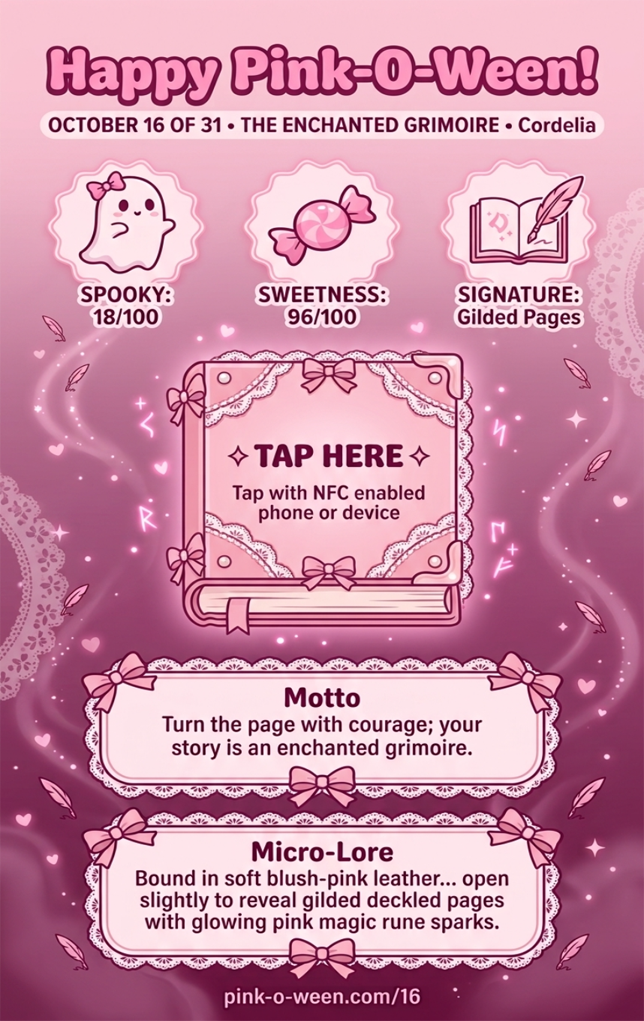 Tap Greeting Card NFC Video Pinkoween Cordelia, The Enchanted Grimoire (OCTOBER 16 OF 31) Back Specs