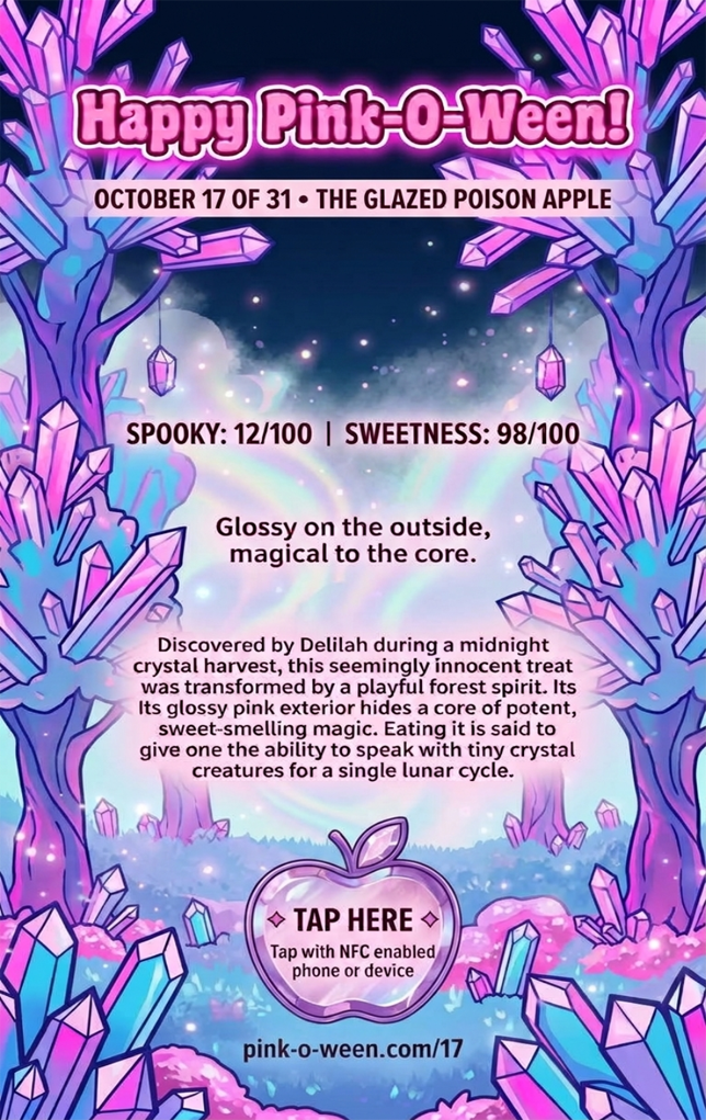 Tap Greeting Card NFC Video Pinkoween Delilah, The Glazed Poison Apple (OCTOBER 17 OF 31) Back Specs