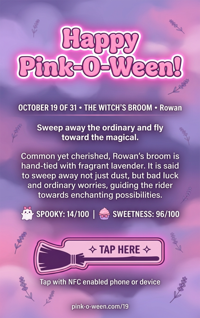 Tap Greeting Card NFC Video Pinkoween Rowan, The Witch's Broom (OCTOBER 19 OF 31) Back Specs