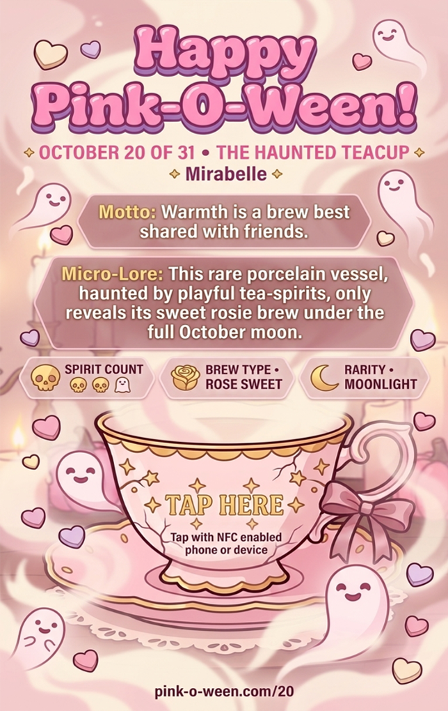 Tap Greeting Card NFC Video Pinkoween Mirabelle, The Haunted Teacup (OCTOBER 20 OF 31) Back Specs