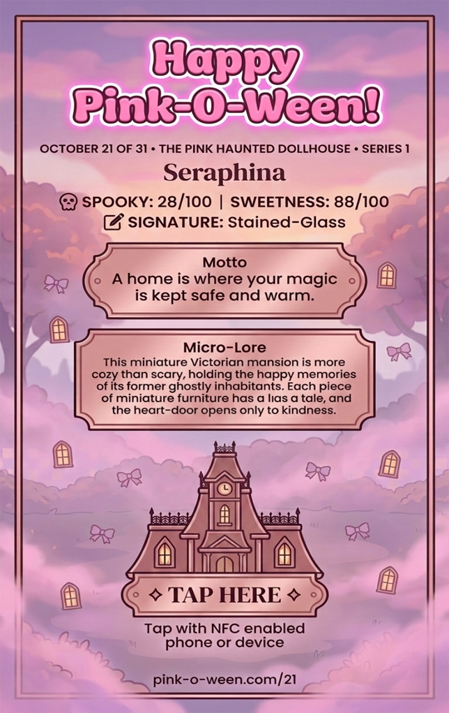 Tap Greeting Card NFC Video Pinkoween Seraphina, The Pink Haunted Dollhouse (OCTOBER 21 OF 31) Back Specs