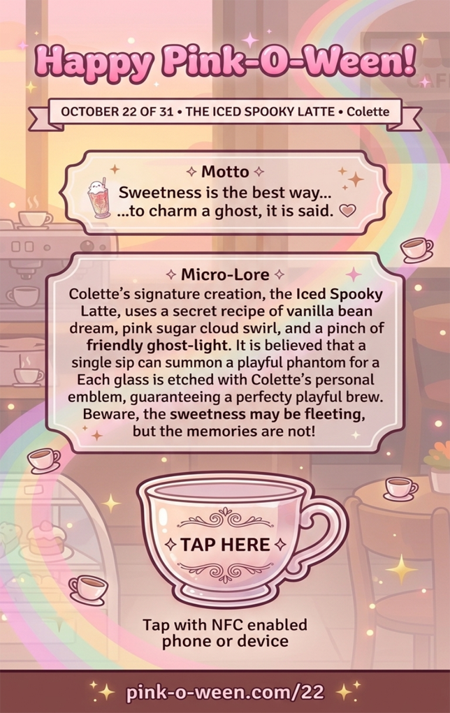 Tap Greeting Card NFC Video Pinkoween Colette, The Iced Spooky Latte (OCTOBER 22 OF 31) Back Specs