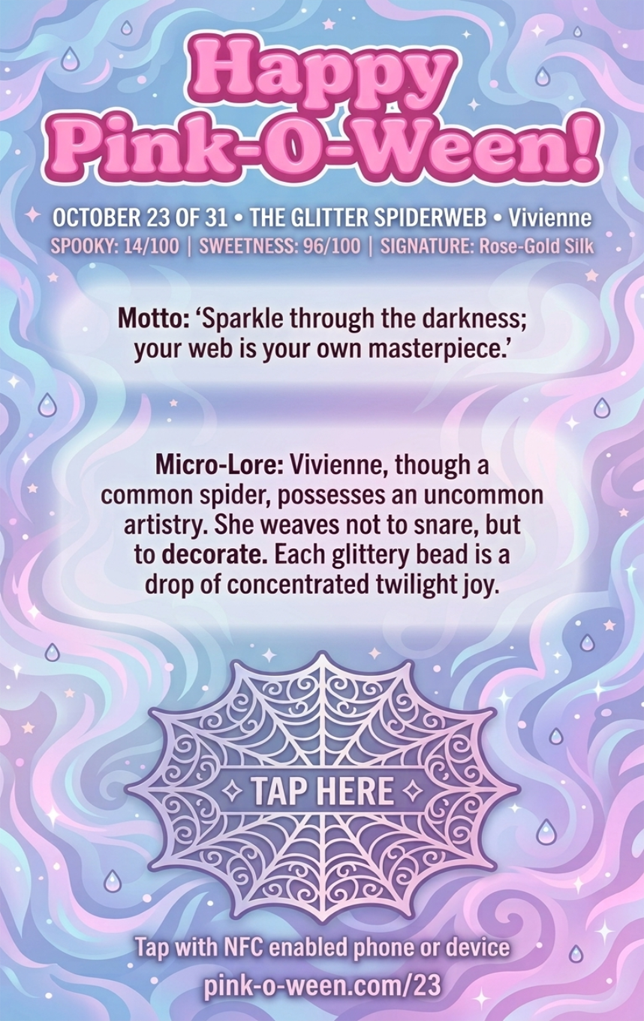 Tap Greeting Card NFC Video Pinkoween Vivienne, The Glitter Spiderweb (OCTOBER 23 OF 31) Back Specs