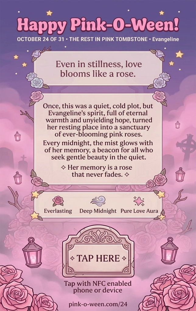 Tap Greeting Card NFC Video Pinkoween Evangeline, The Rest in Pink Tombstone (OCTOBER 24 OF 31) Back Specs