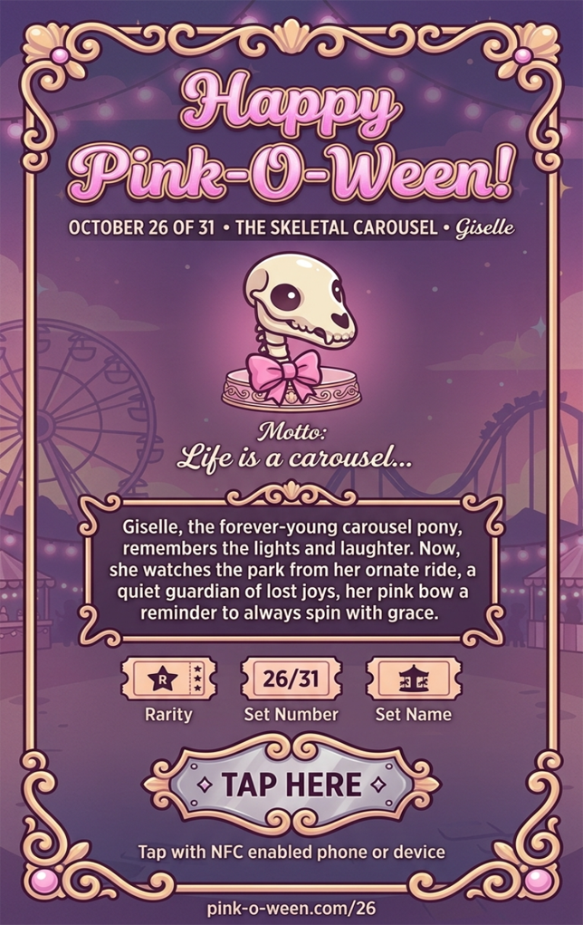 Tap Greeting Card NFC Video Pinkoween Giselle, The Skeletal Carousel (OCTOBER 26 OF 31) Back Specs