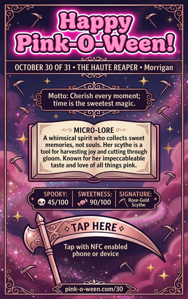Tap Greeting Card NFC Video Pinkoween Morrigan, The Haute Reaper (OCTOBER 30 OF 31) Back Specs