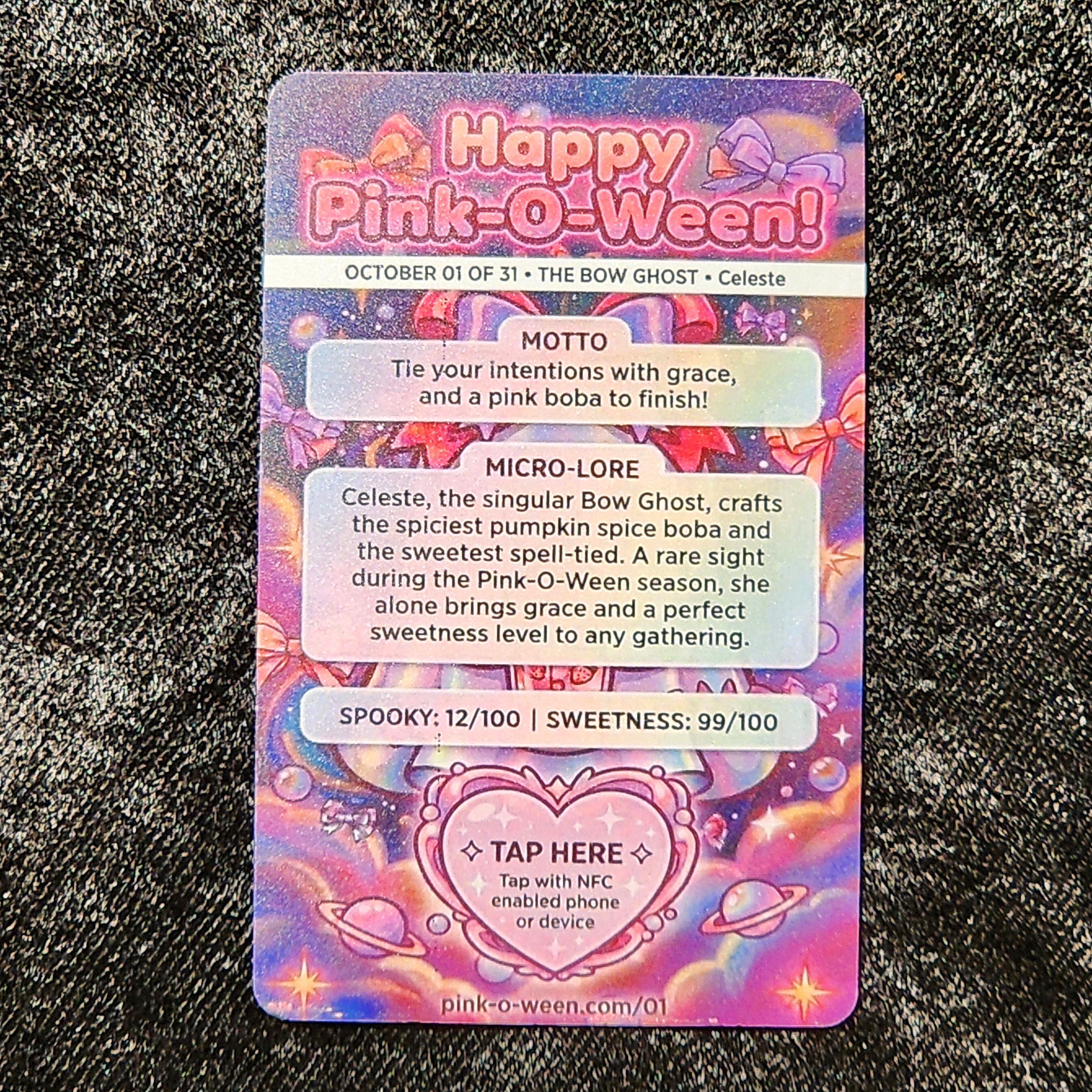 Tap Greeting Card NFC Video Pinkoween Celeste, The Bow Ghost (OCTOBER 01 OF 31) Real Card Back Photo