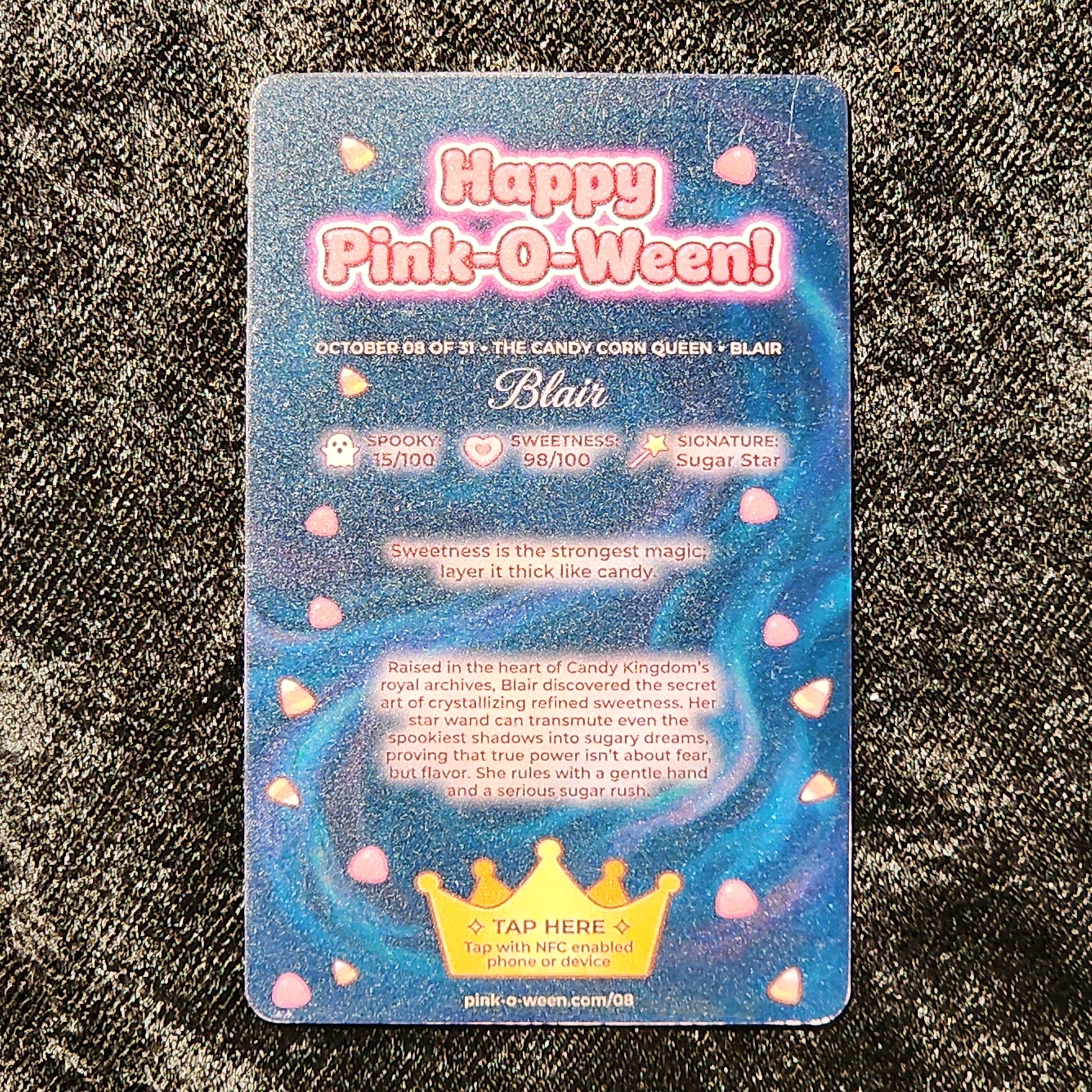 Tap Greeting Card NFC Video Pinkoween Blair, The Candy Corn Queen (OCTOBER 08 OF 31) Real Card Back Photo