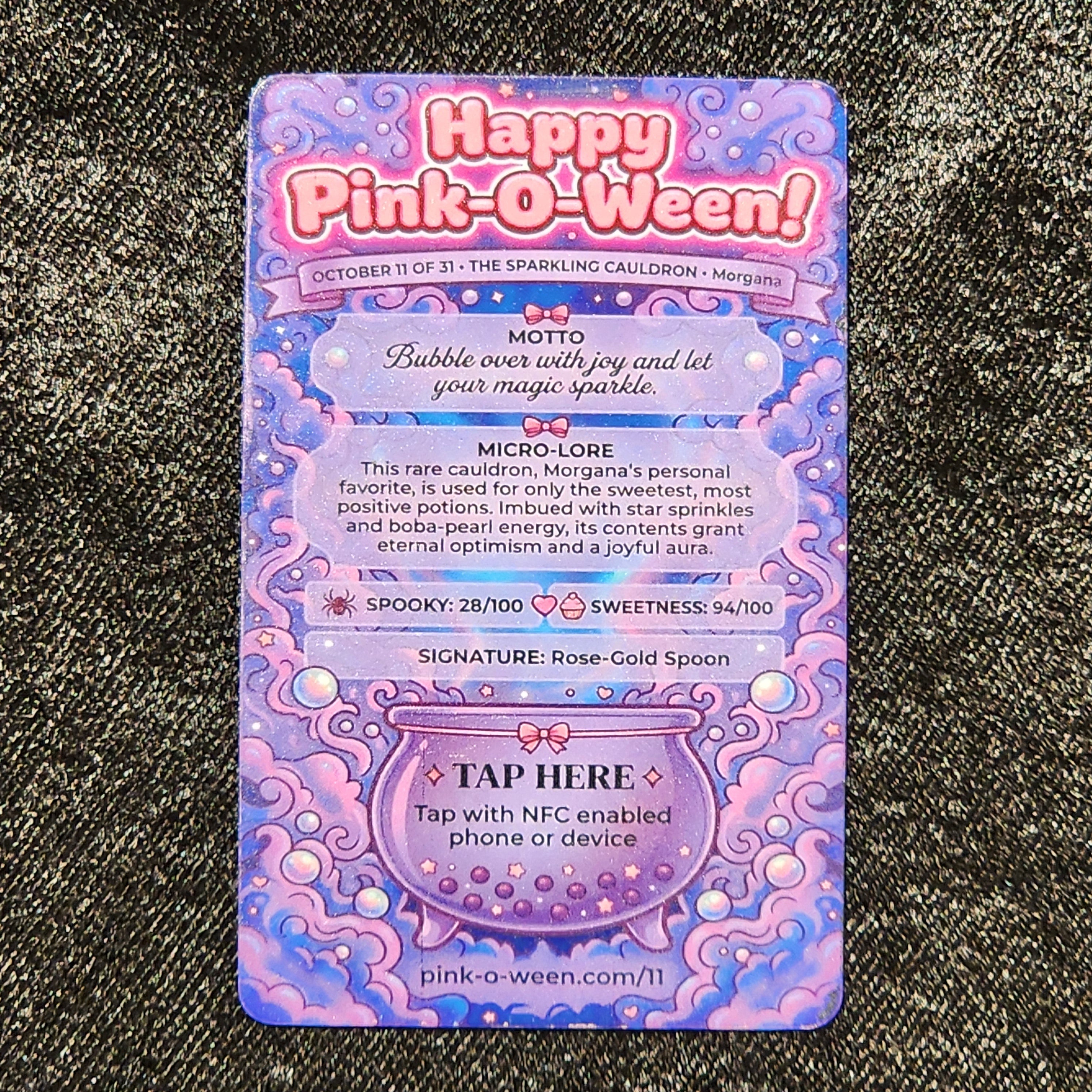 Tap Greeting Card NFC Video Pinkoween Morgana, The Sparkling Cauldron (OCTOBER 11 OF 31) Real Card Back Photo