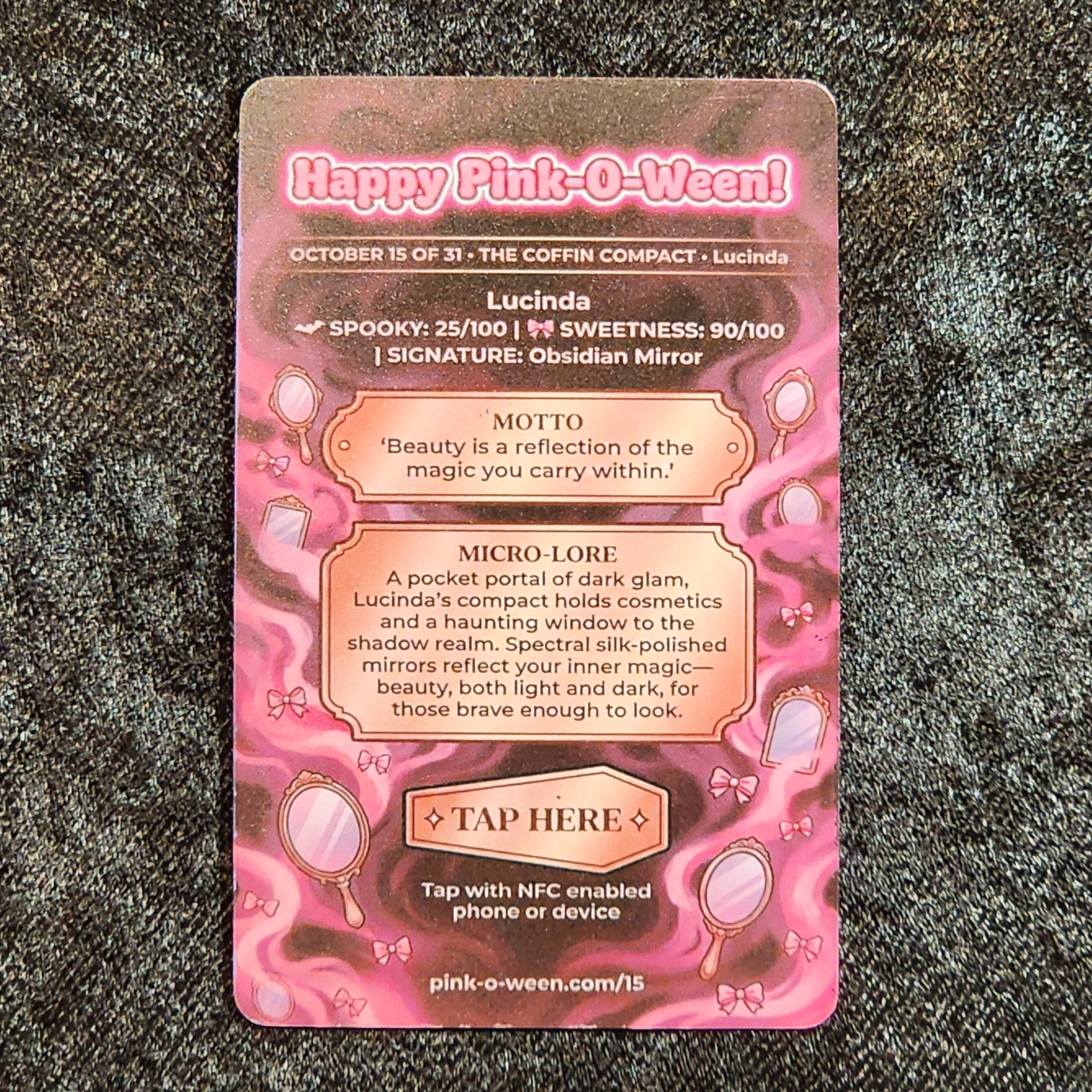 Tap Greeting Card NFC Video Pinkoween Lucinda, The Coffin Compact (OCTOBER 15 OF 31) Real Card Back Photo