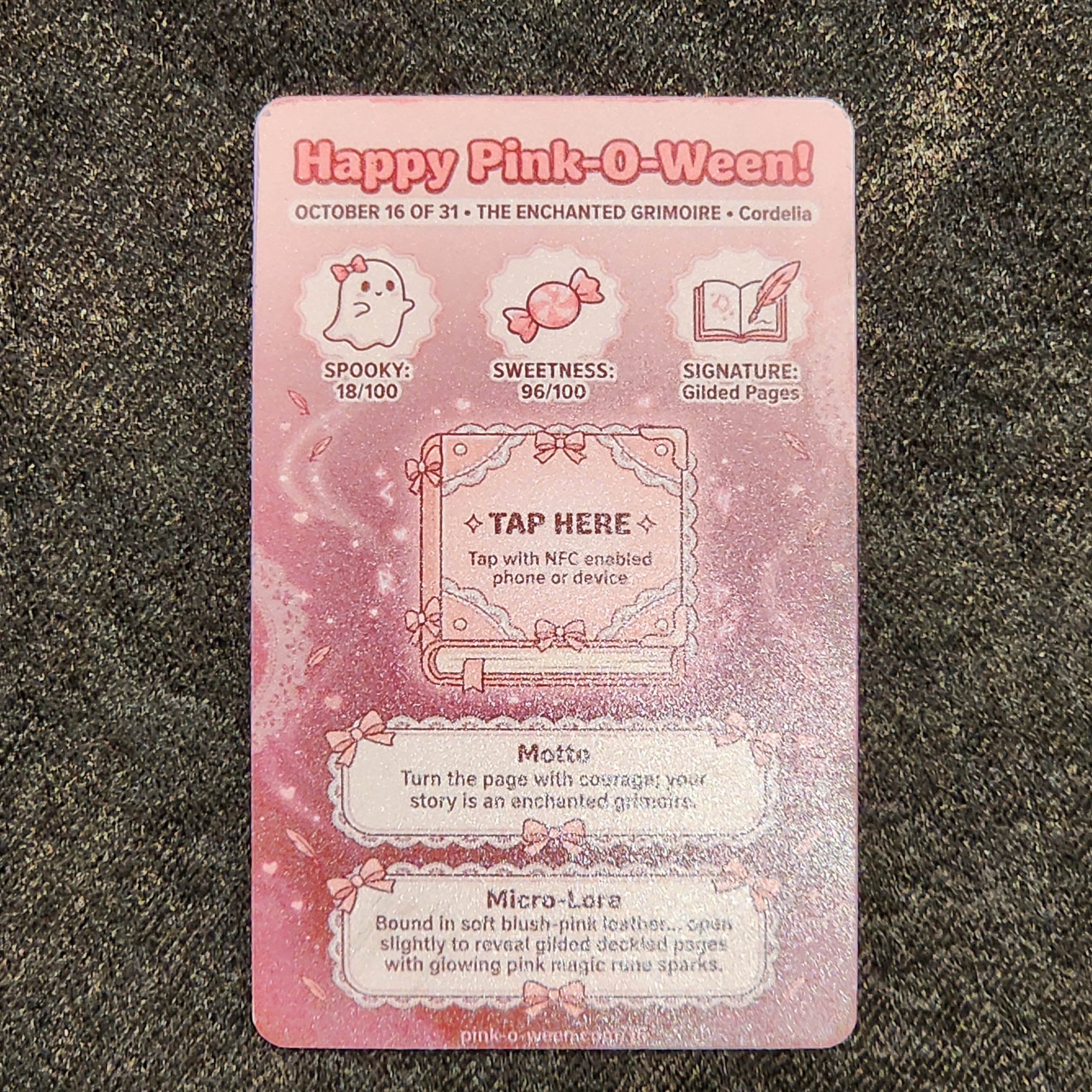 Tap Greeting Card NFC Video Pinkoween Cordelia, The Enchanted Grimoire (OCTOBER 16 OF 31) Real Card Back Photo