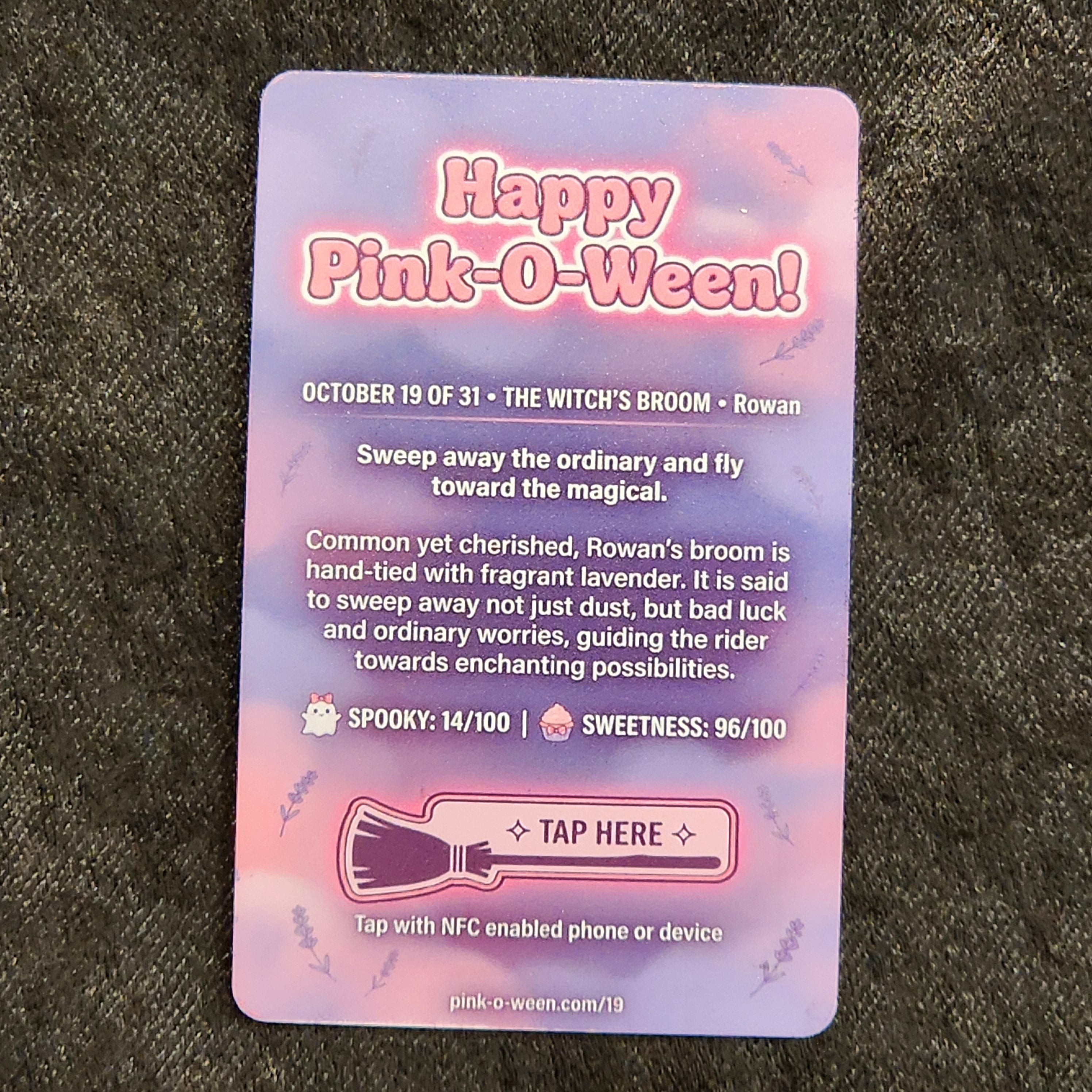 Tap Greeting Card NFC Video Pinkoween Rowan, The Witch's Broom (OCTOBER 19 OF 31) Real Card Back Photo