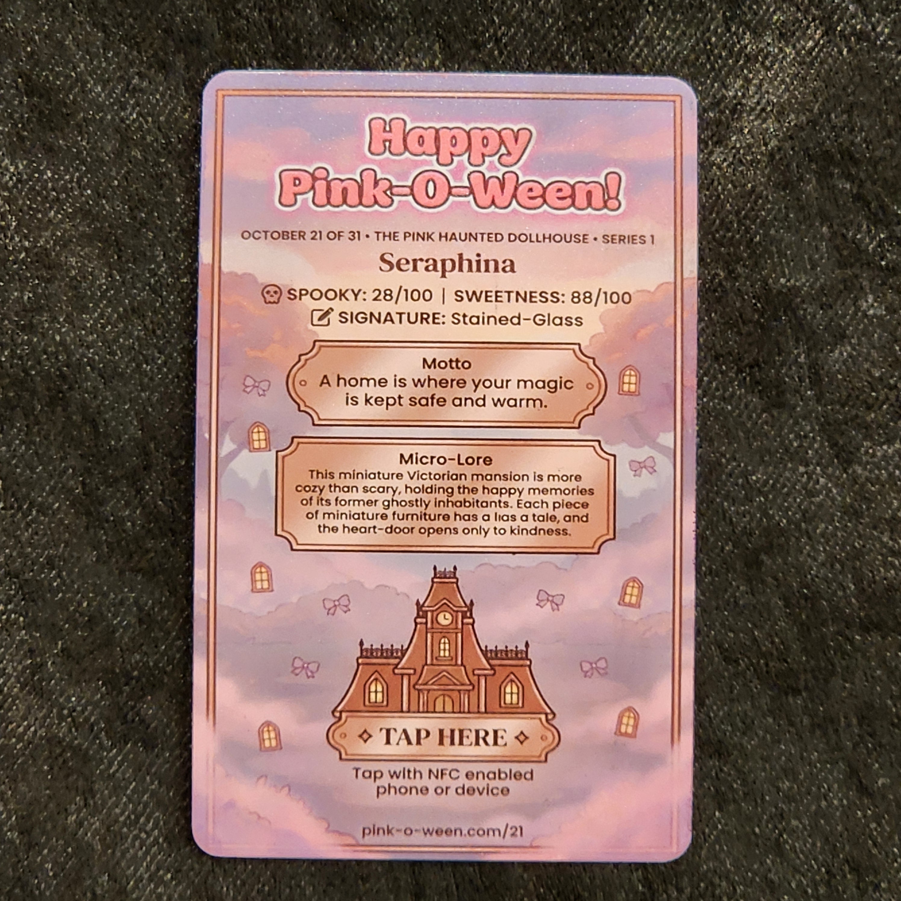 Tap Greeting Card NFC Video Pinkoween Seraphina, The Pink Haunted Dollhouse (OCTOBER 21 OF 31) Real Card Back Photo