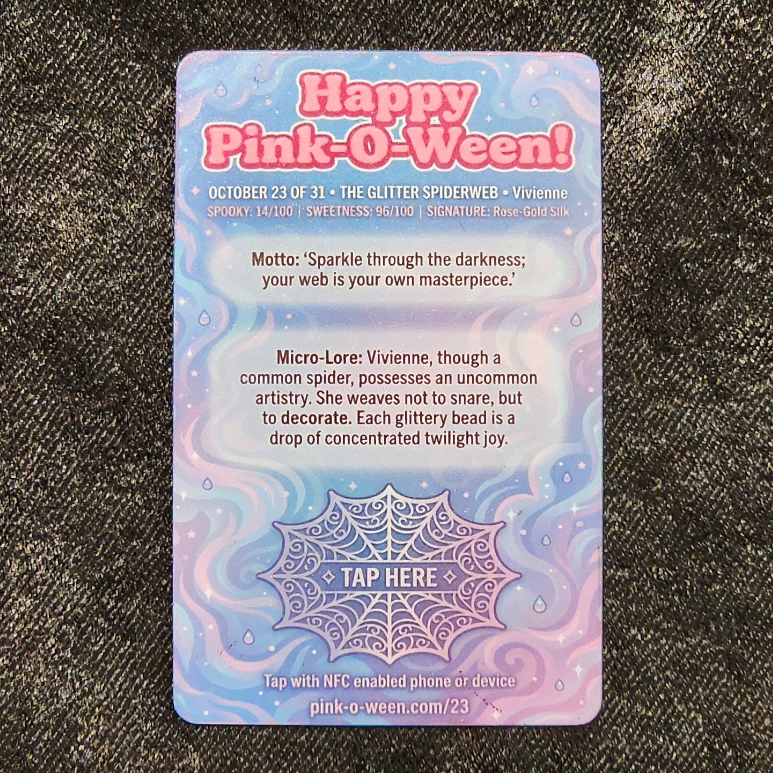 Tap Greeting Card NFC Video Pinkoween Vivienne, The Glitter Spiderweb (OCTOBER 23 OF 31) Real Card Back Photo