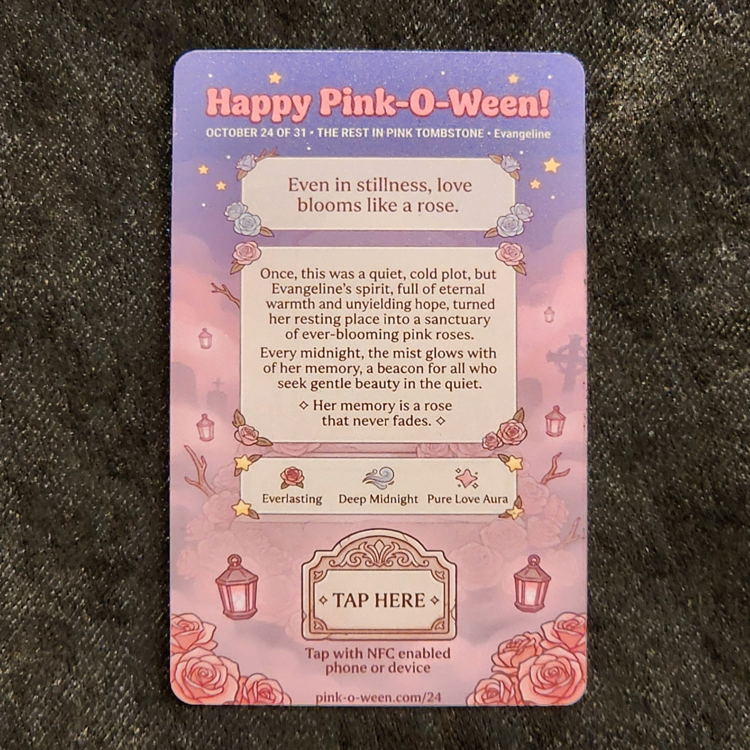 Tap Greeting Card NFC Video Pinkoween Evangeline, The Rest in Pink Tombstone (OCTOBER 24 OF 31) Real Card Back Photo