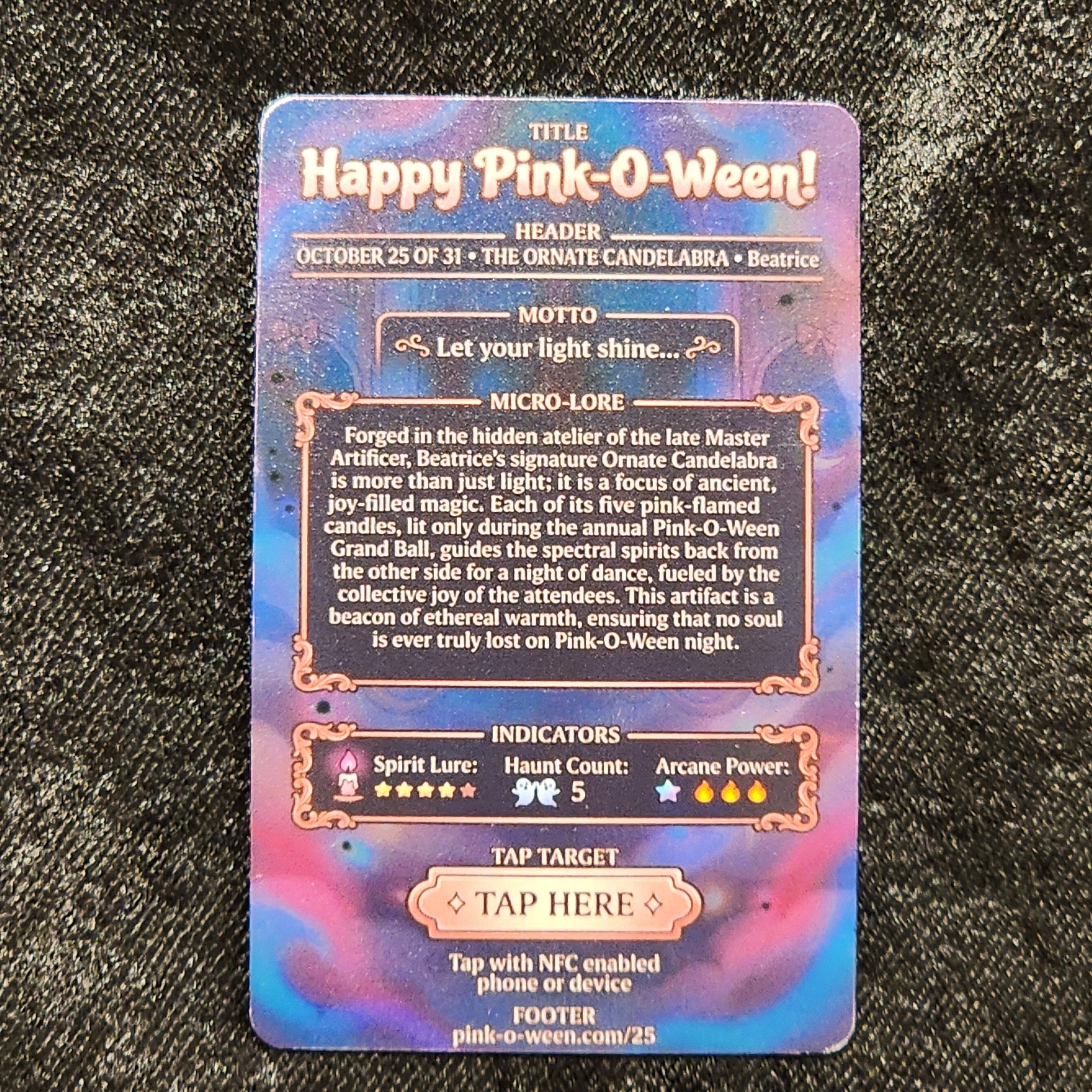 Tap Greeting Card NFC Video Pinkoween Beatrice, The Ornate Candelabra (OCTOBER 25 OF 31) Real Card Back Photo