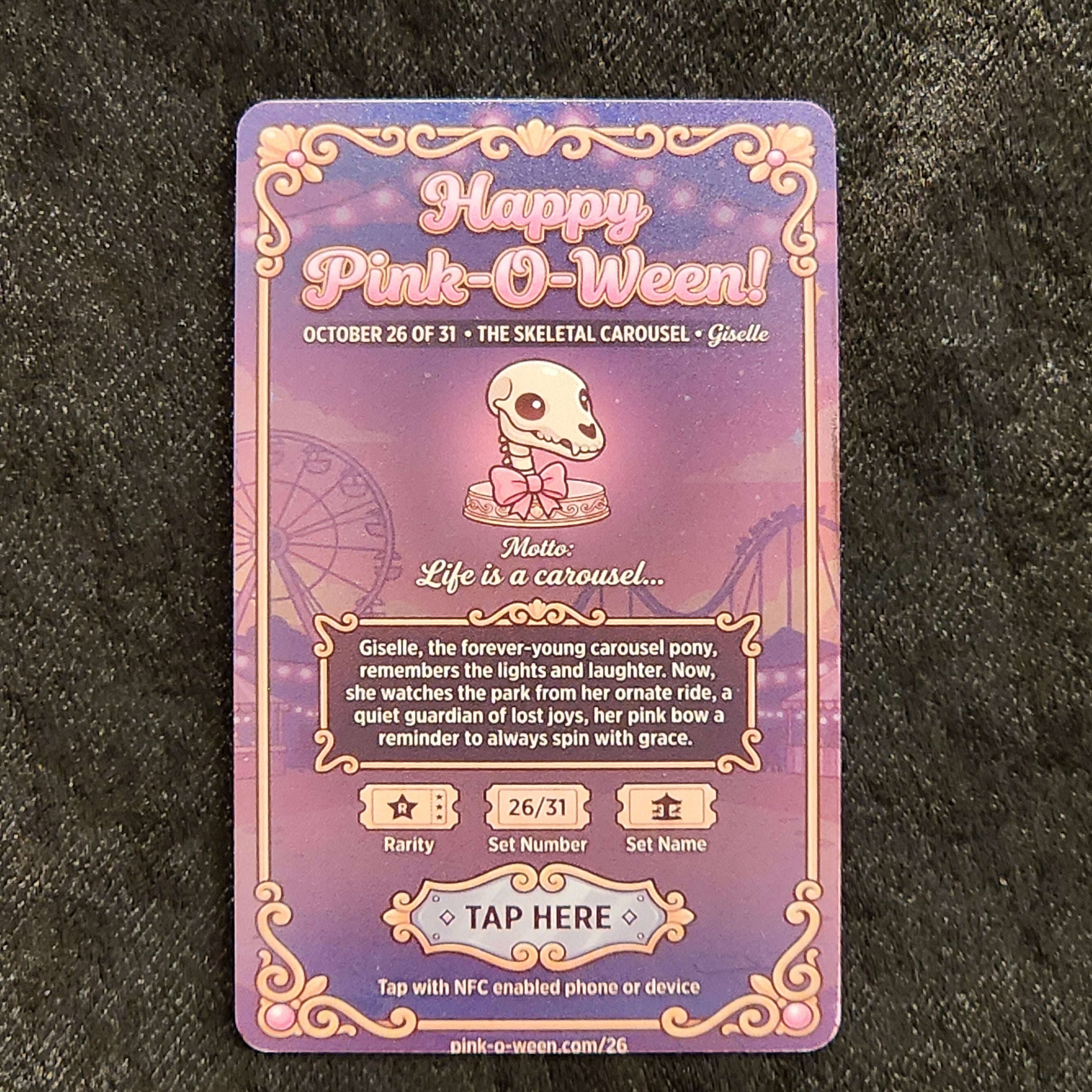 Tap Greeting Card NFC Video Pinkoween Giselle, The Skeletal Carousel (OCTOBER 26 OF 31) Real Card Back Photo