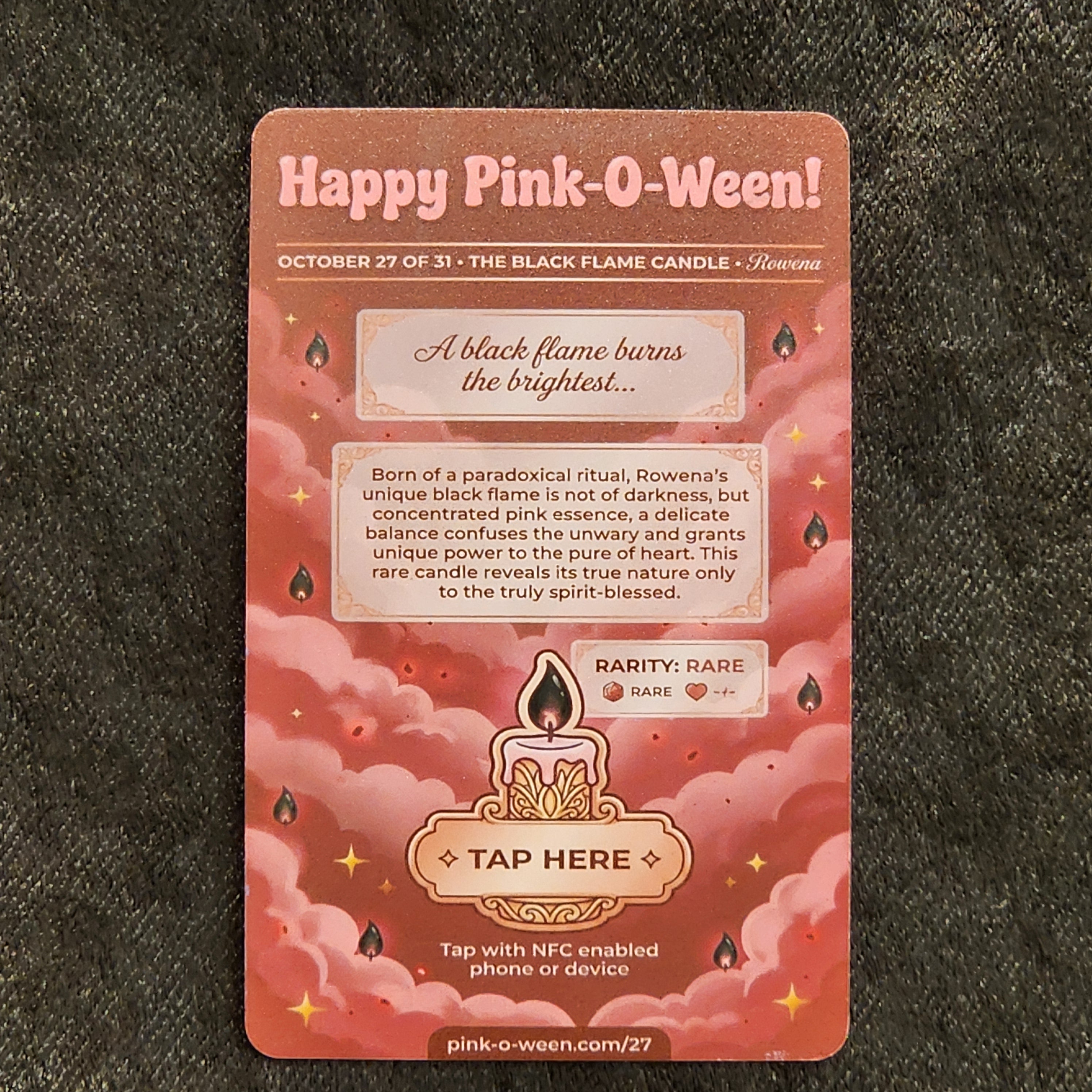 Tap Greeting Card NFC Video Pinkoween Rowena, The Black Flame Candle (OCTOBER 27 OF 31) Real Card Back Photo