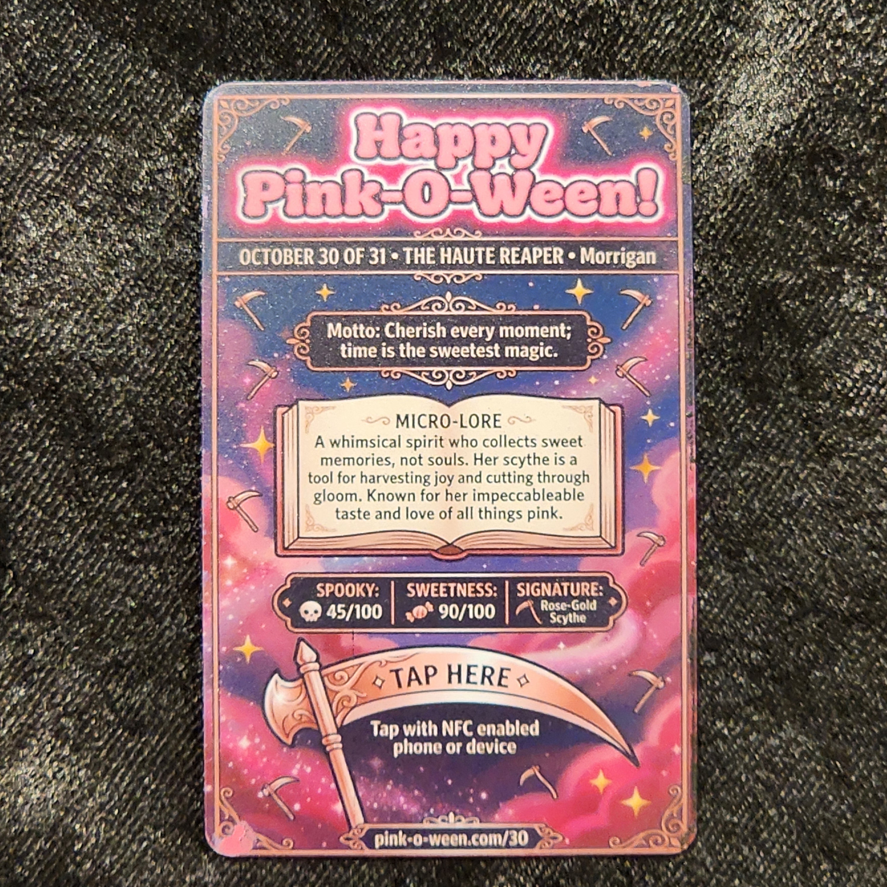 Tap Greeting Card NFC Video Pinkoween Morrigan, The Haute Reaper (OCTOBER 30 OF 31) Real Card Back Photo